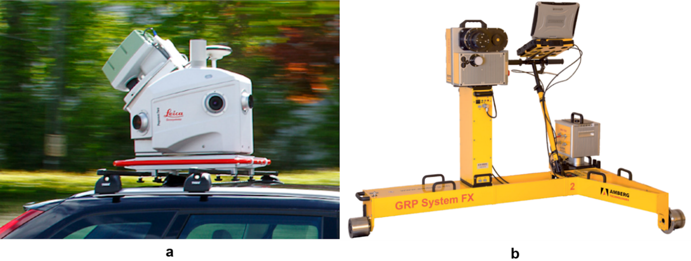 Figure 4 Kinematic terrestrial laser scanning systems: a) Leica Pegasus mobile maping system (Leica Geosystems, 2019) and b) 